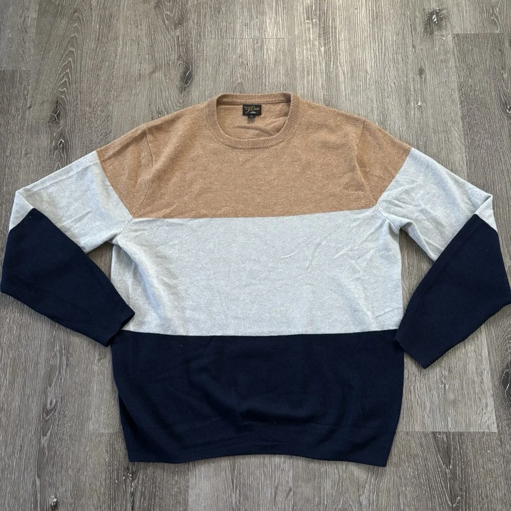 J. Crew Men's L 100% Cashmere Stripe Color block‎ Crew Pullover Sweater